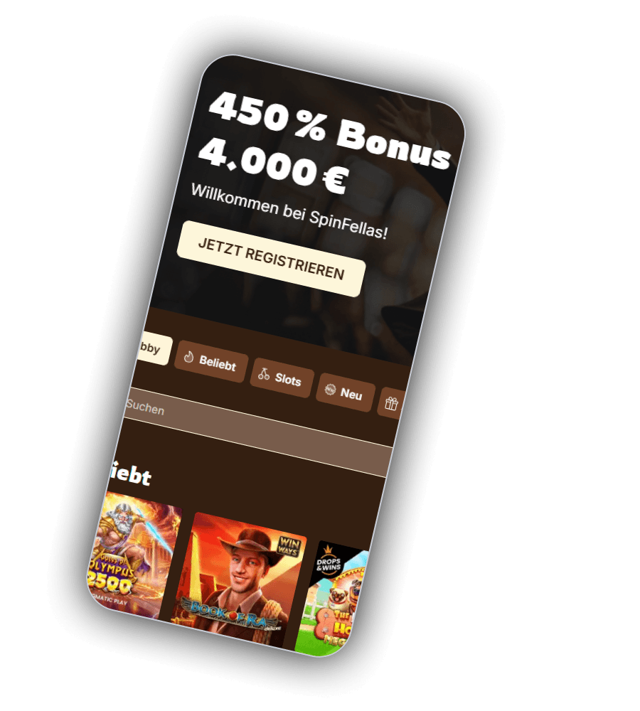 Spinfellas Startseite auf dem Smartphone mit 450 % Bonus bis 4.000 € und Jetzt registrieren